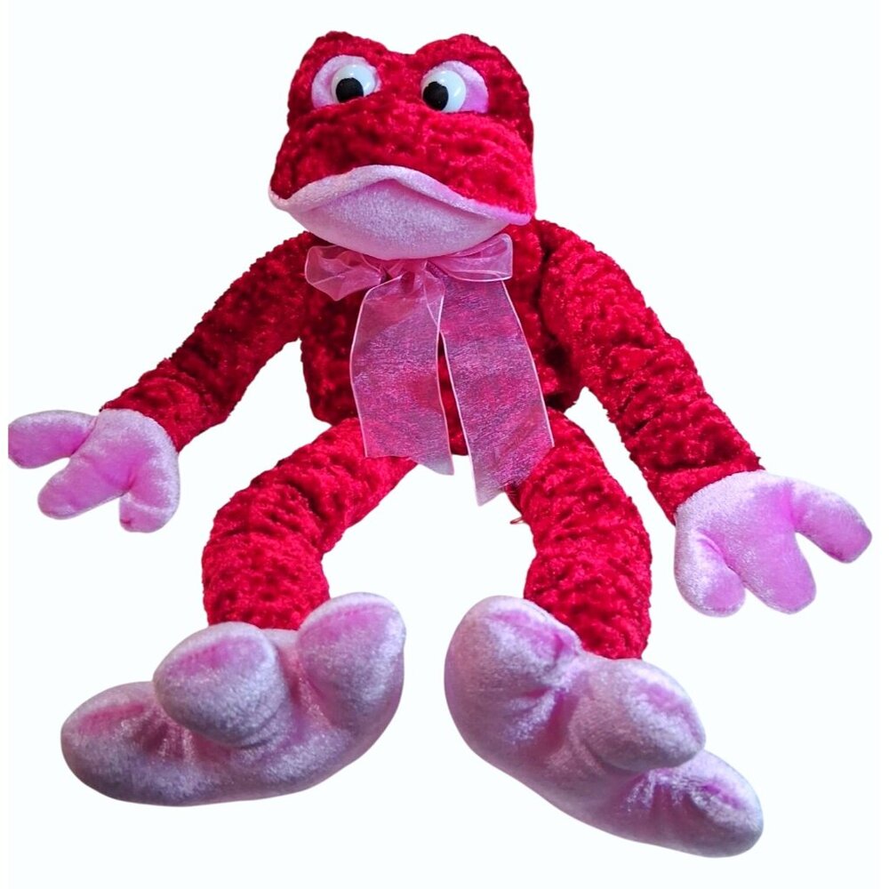 Red Frog Plush Toy Pink Bow Glittery Accents 14" Stuffed Animal Valentines Editi
